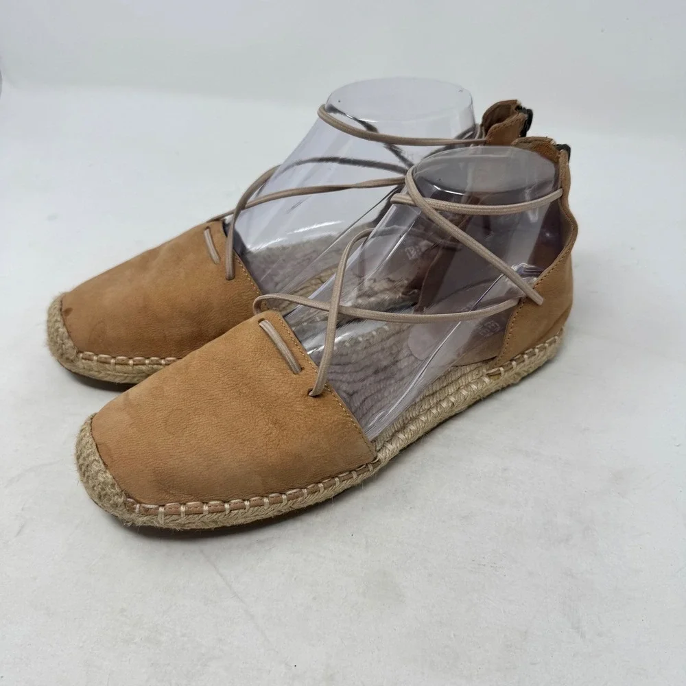 Eileen Fisher Lace Up Espadrille Flats Tan 7.5 Suede Boho Beachy Casual Shoes